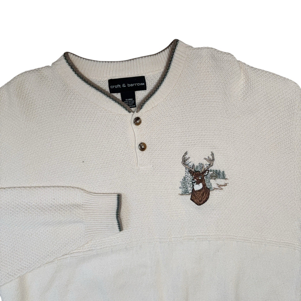Vintage Croft & Barrow Deer Sweater Men's Size XL Ivory Henley Embroidered